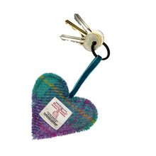 Load image into Gallery viewer, Lavender Peppermint Tartan Harris Tweed Heart Keyring
